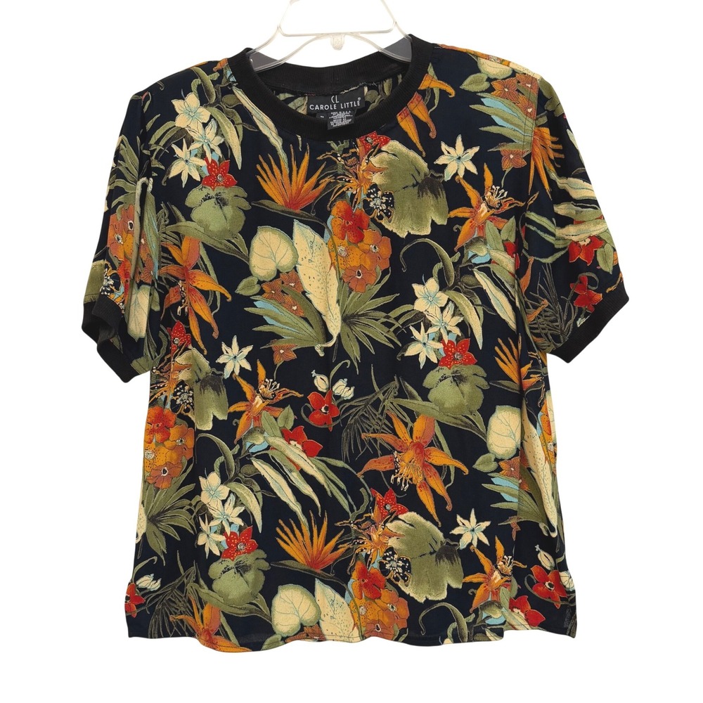 Carole Little Vintage Tropical Floral Short Sleeve Blouse Black Bright Sz 6 USA